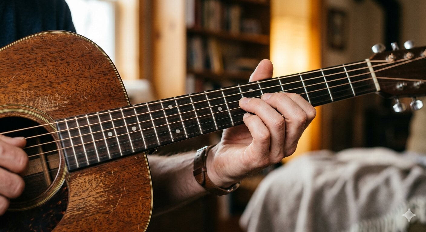 Close-up of hands forming a chord on an acoustic guitar fretboard