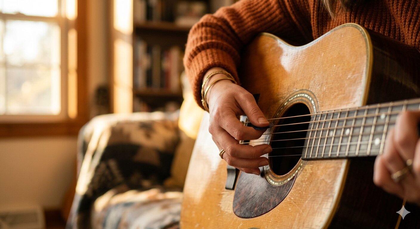 Close-up of a hand strumming an acoustic guitar with warm lighting
