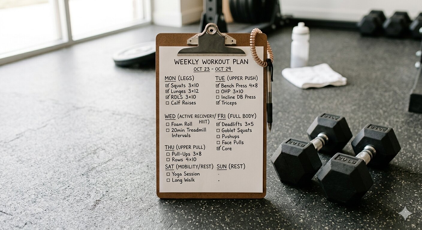 Weekly workout planner on a clipboard next to dumbbells in a gym