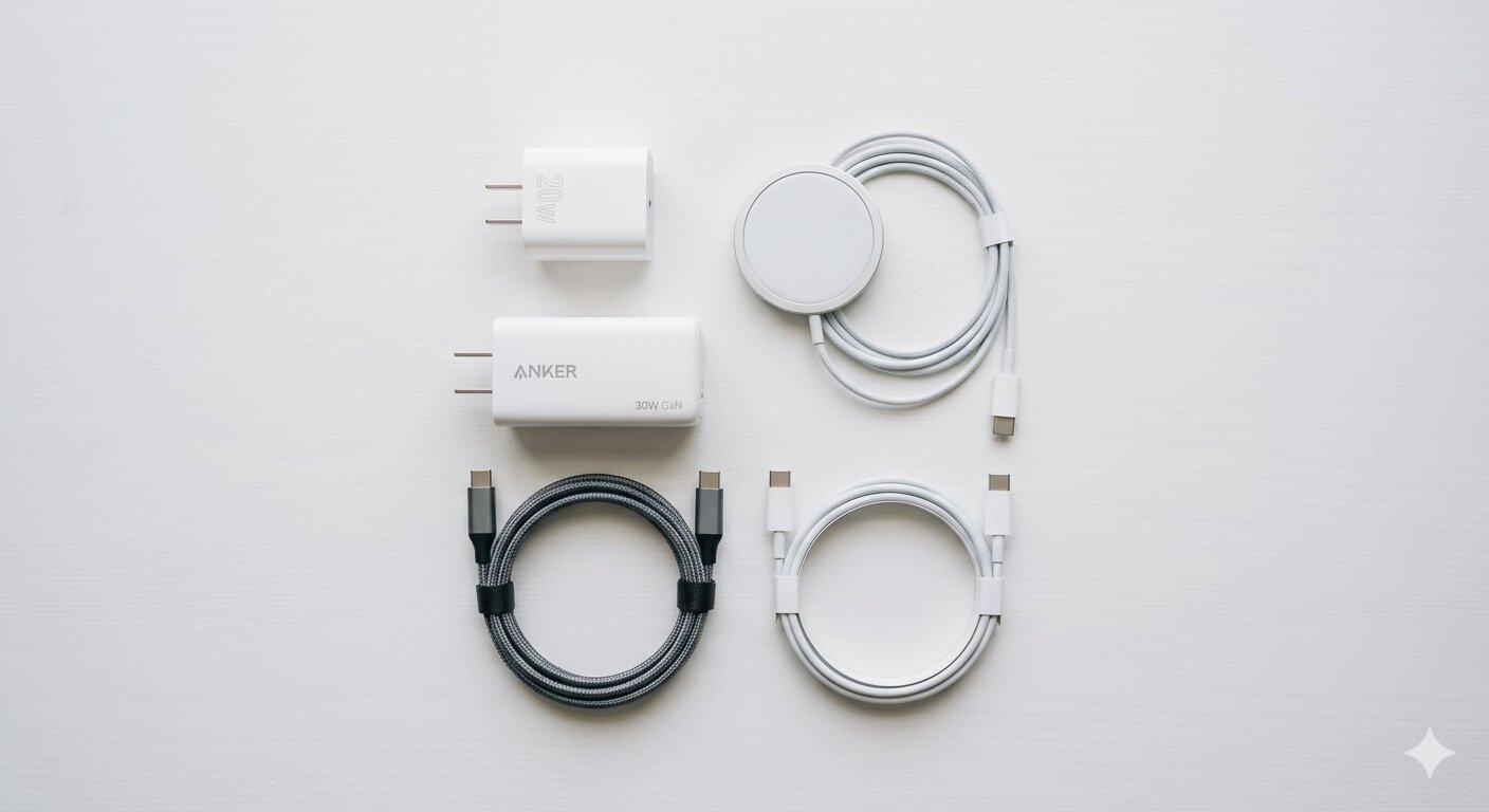 Several different iPhone chargers and cables arranged on a clean desk