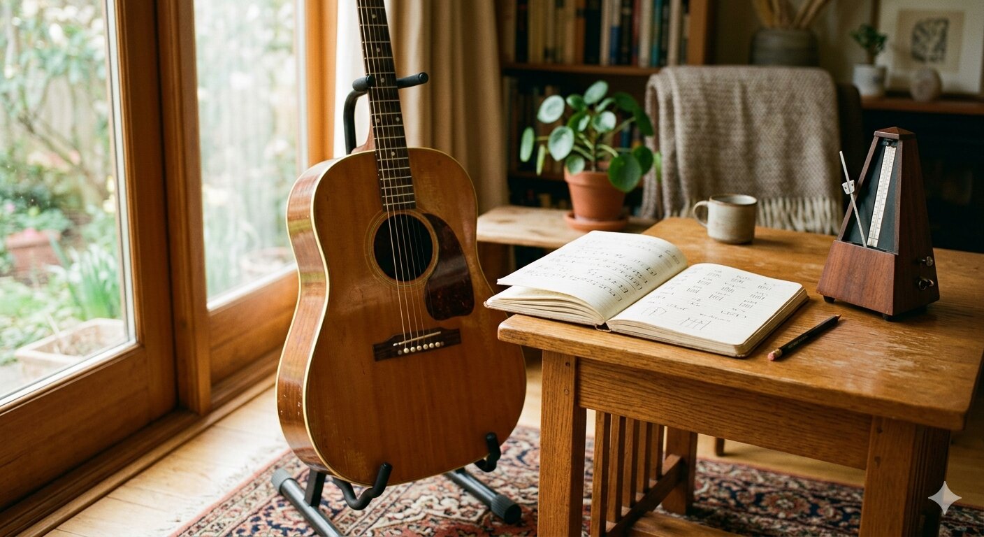 Acoustic guitar on a stand next to a notebook and metronome in a cozy practice space