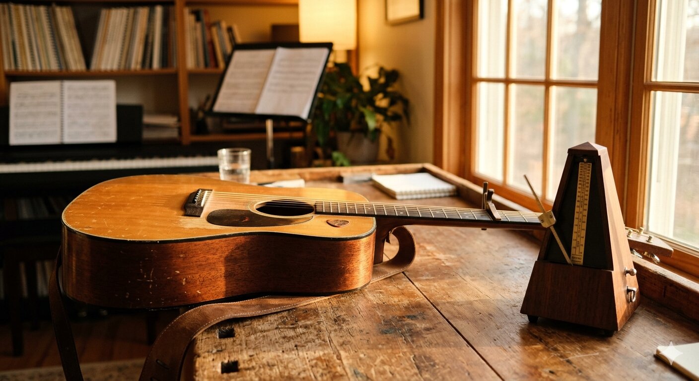 Guitar next to a metronome with warm practice room lighting