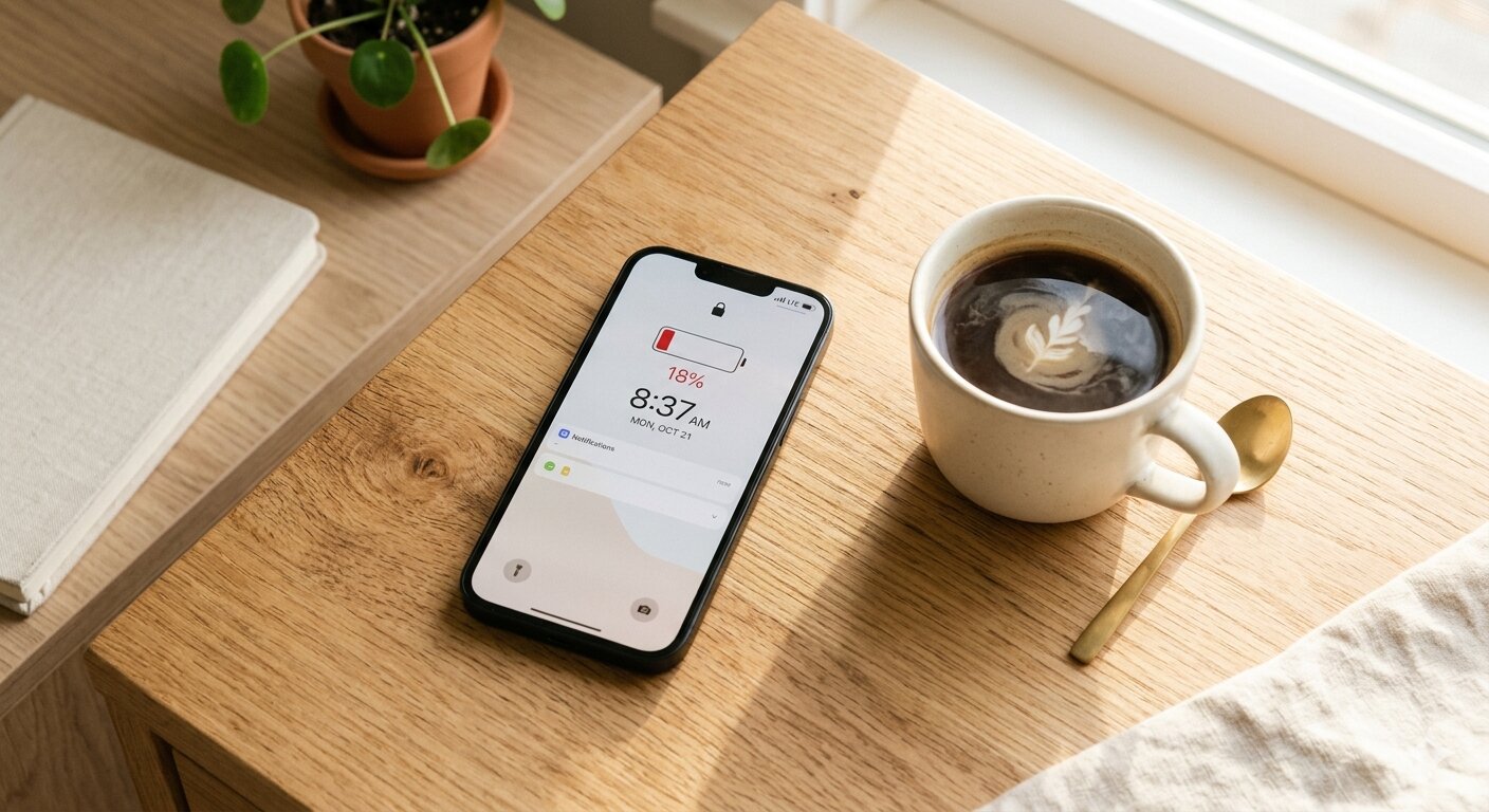 iPhone showing battery percentage on a desk next to a coffee cup in morning light