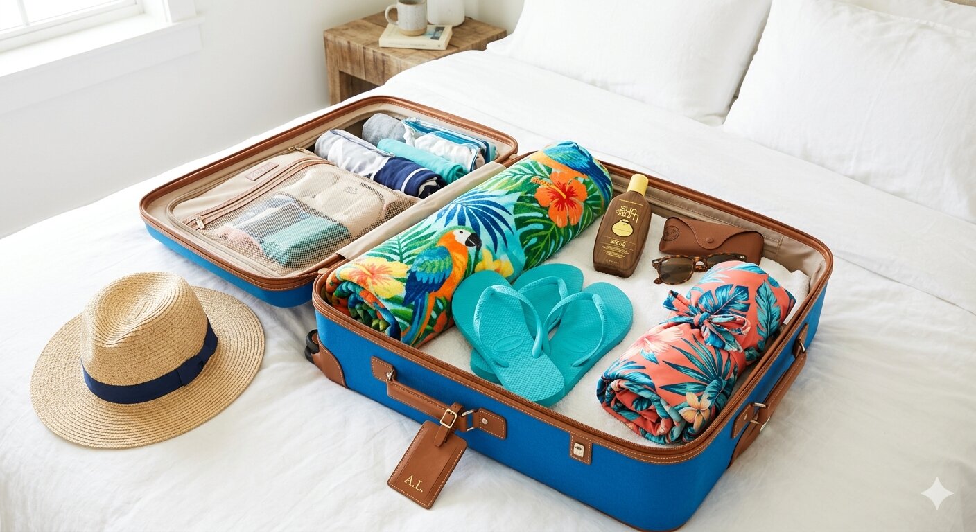 Beach vacation packing with suitcase, sunglasses, and sunscreen