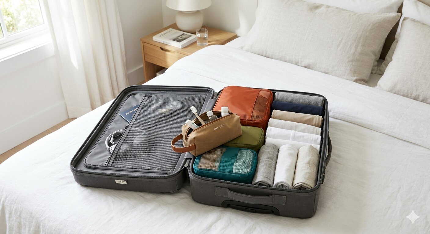 Open carry-on suitcase neatly packed with rolled clothes, packing cubes, and travel essentials on a bed