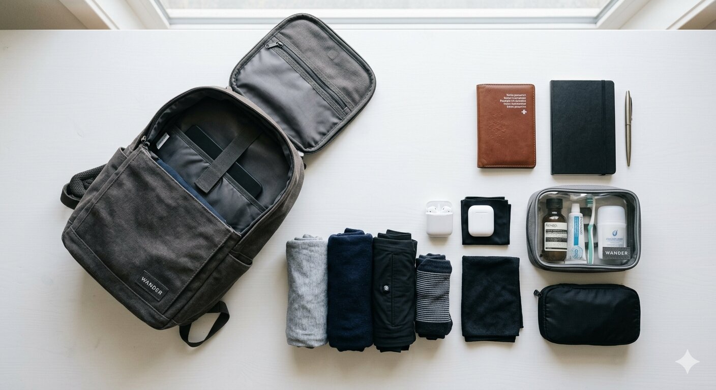 Minimalist packing with a small carry-on bag and neatly organized items