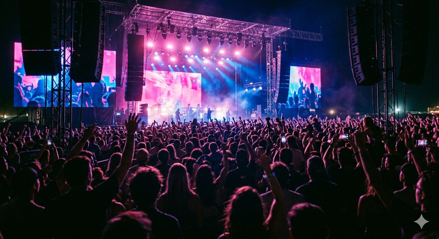 Concert crowd with stage lights and speakers