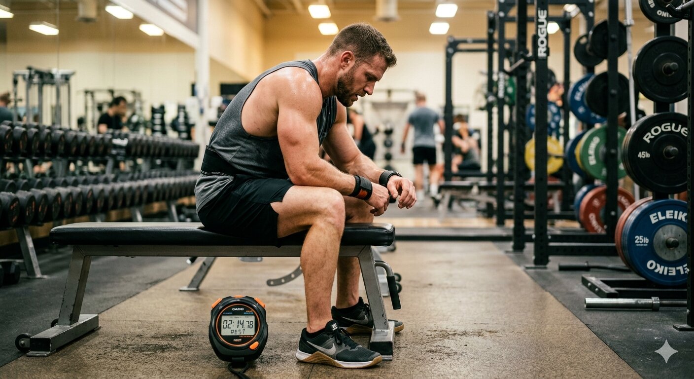 Person sitting on a gym bench resting between sets with a timer visible