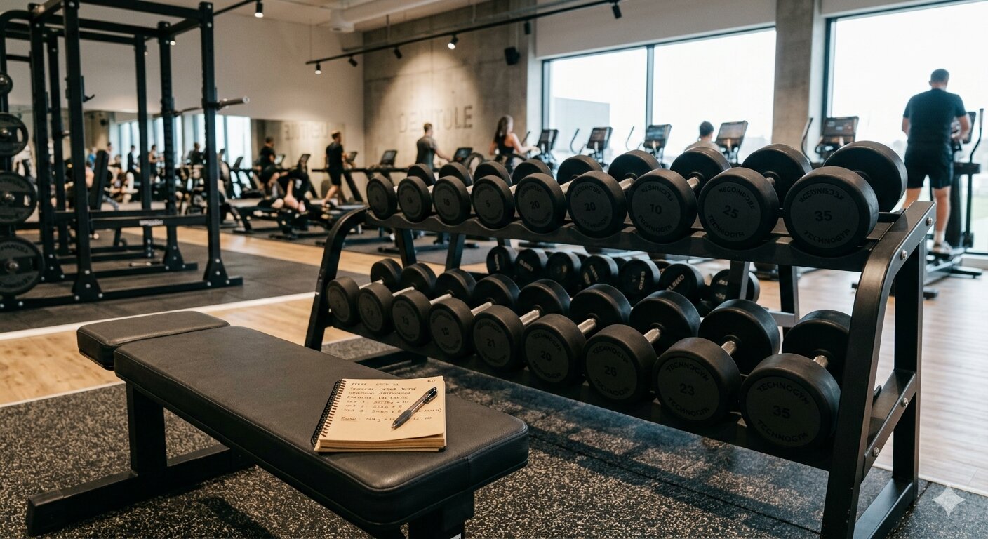 Dumbbell rack in a gym with a notebook showing sets and reps