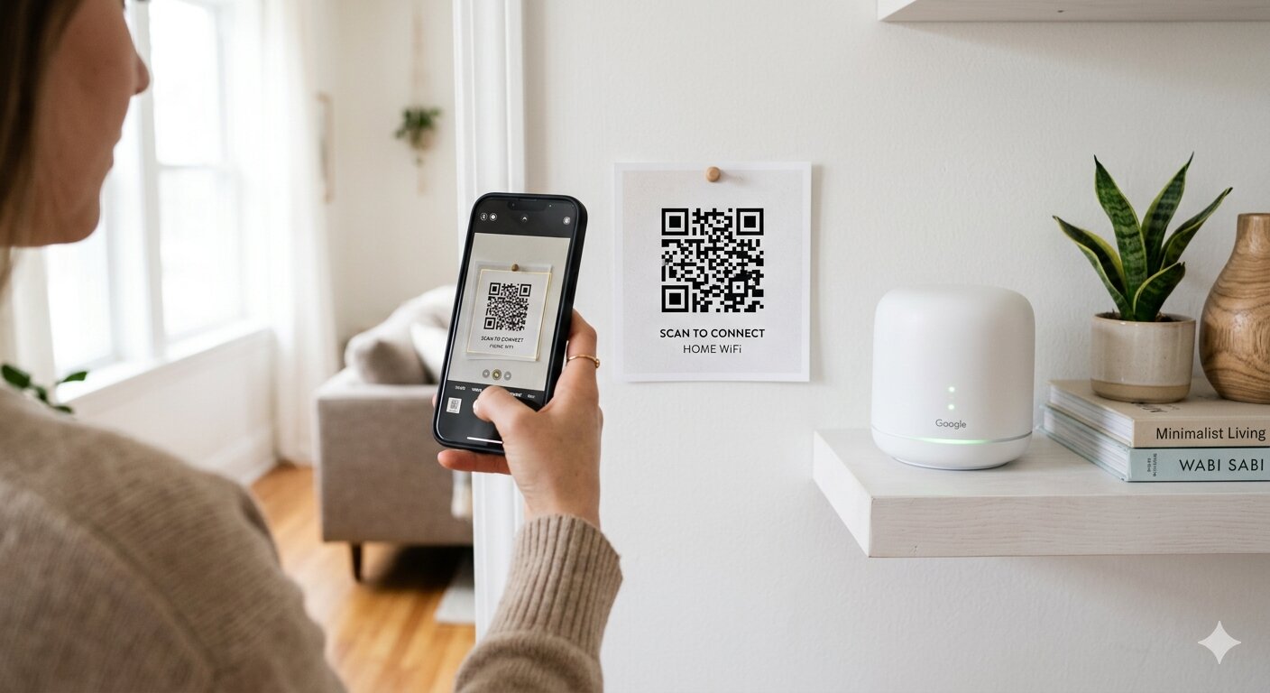 Phone scanning a WiFi QR code next to a router