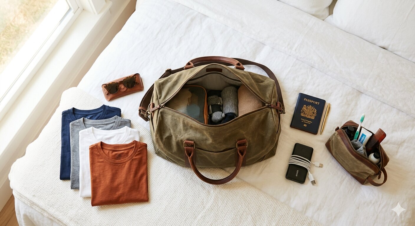 Weekend bag packed with essentials on a bed next to a passport and sunglasses